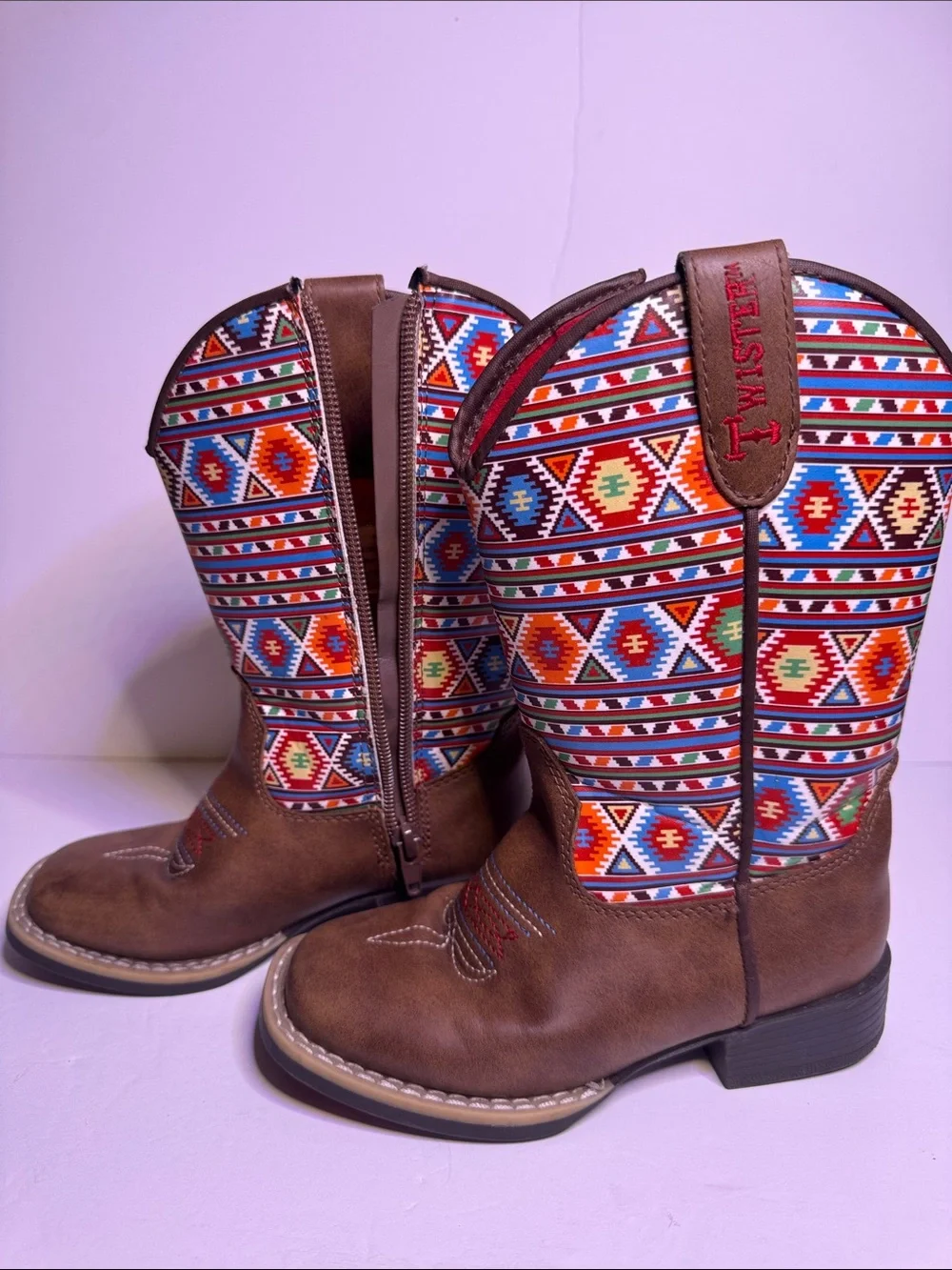Twister, Kids, Brown Western Boots with Colorful Aztec Shaft, Sz 9K